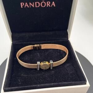 Pandora Reflexions Rose Gold Mesh 
Bracelet One Bling Charm 2 Pave Clip Charms